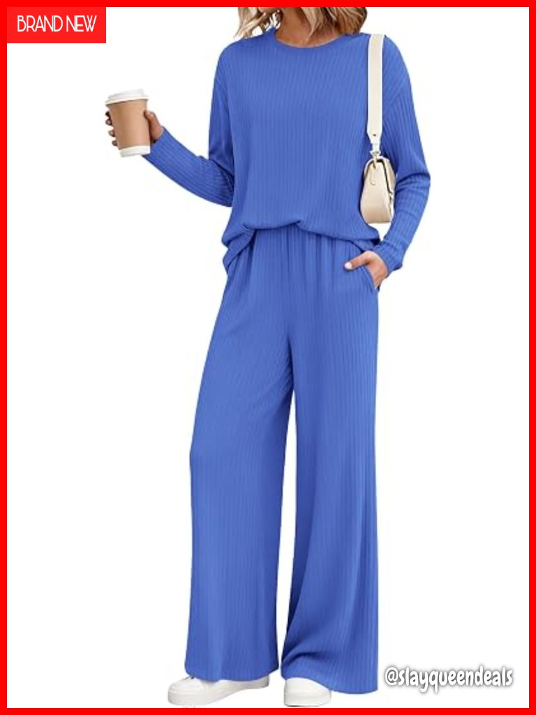 Ribbed Knit 2 Piece Lounge Set | Long Sleeve Top & Wide Leg Pants Matching Set